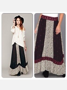 Free People Black and Cream Patchwork Sz S Maxi Skirt with Burgundy Accents